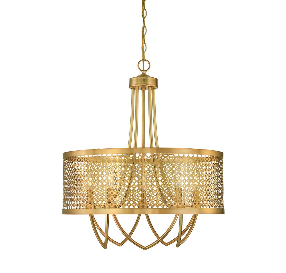 Five Light Rubbed Brass Drum Shade Pendant