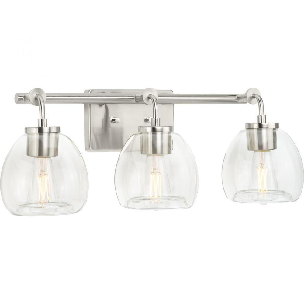Caisson Collection Three-Light Brushed Nickel Clear Glass Urban Industrial Bath Vanity Light