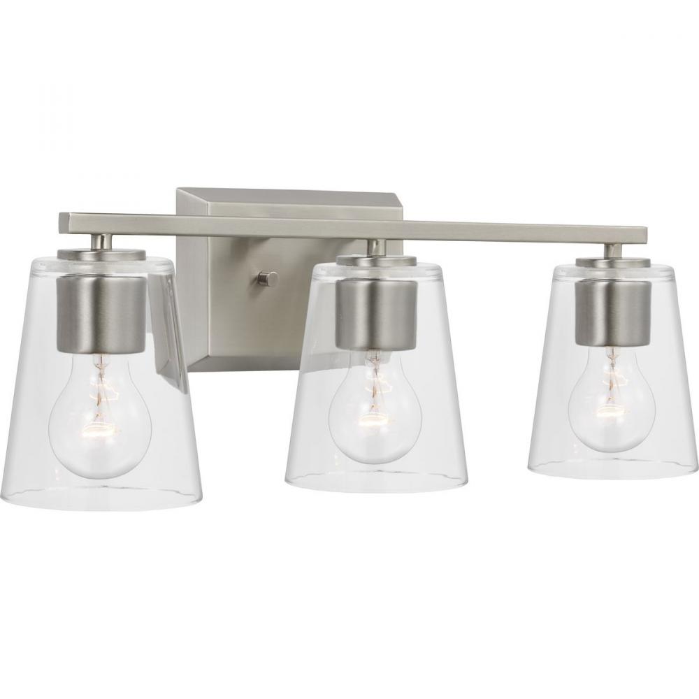Vertex Collection Three-Light Brushed Nickel Clear Glass Contemporary Bath Light