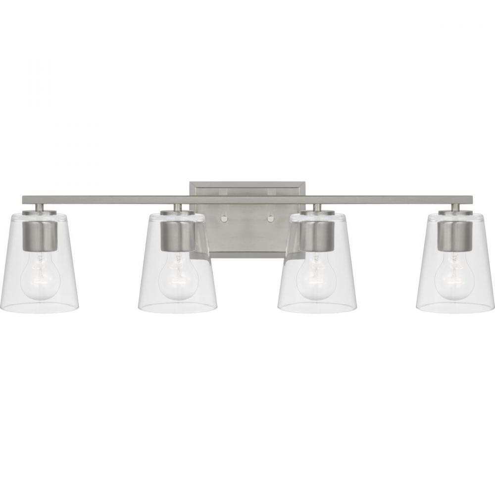 Vertex Collection Four-Light Brushed Nickel Clear Glass Contemporary Bath Light