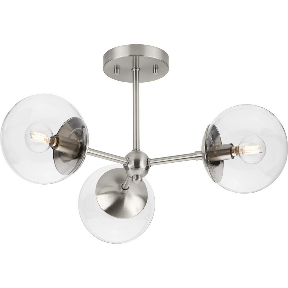 Atwell Collection Three-Light Brushed Nickel Mid-Century Modern Semi-Flush Mount