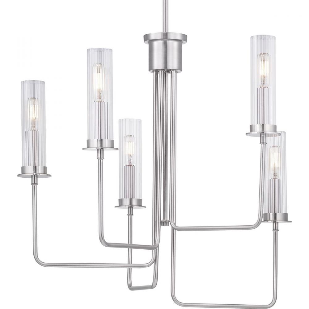 Rainey Collection Five-Light Brushed Nickel Clear Fluted Ribbed Glass Modern Chandelier Light