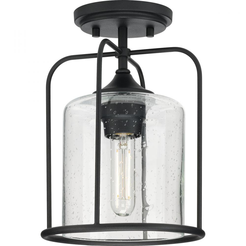 Watch Hill Collection  One-Light Textured Black Clear Seeded Glass Farmhouse Semi-Flush Light