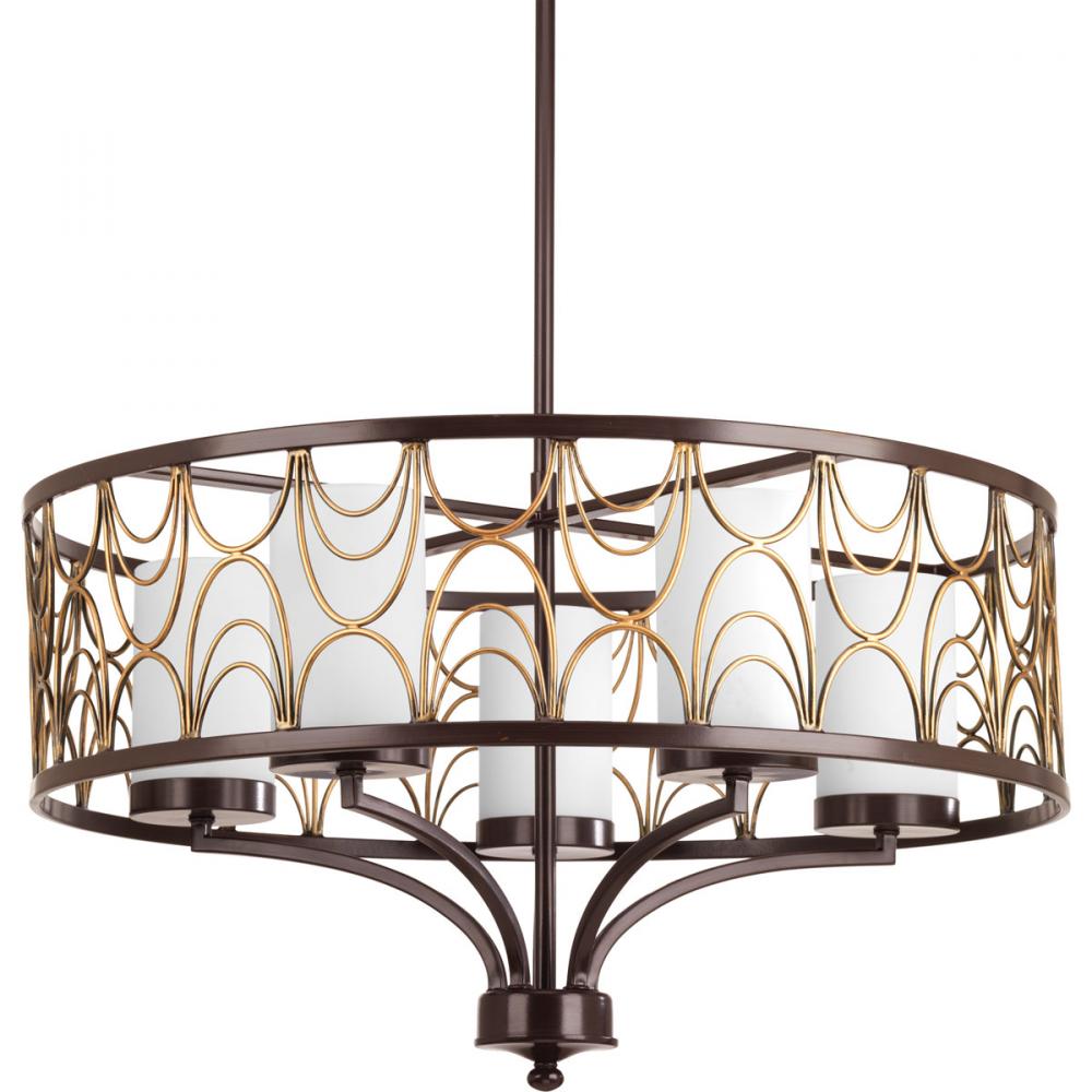 Cirrine Collection Five-Light Antique Bronze Etched White Glass Global Chandelier Light
