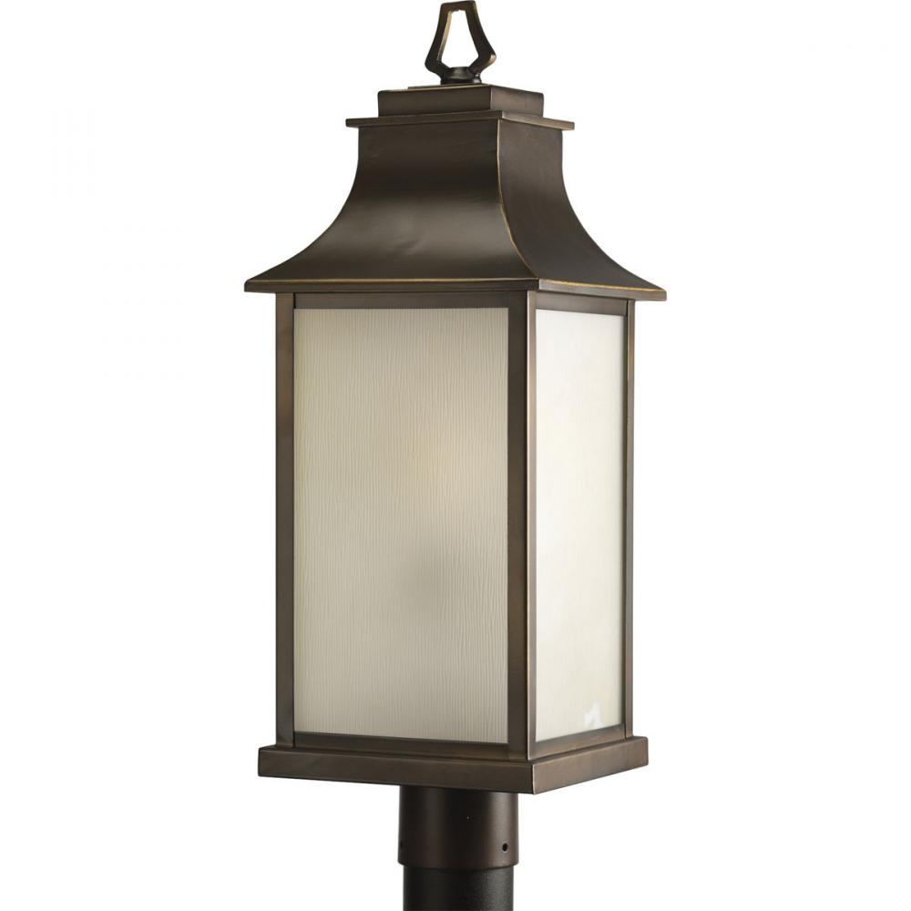 One Light Oil Rubbed Bronze Amber Etched Glass Post Light