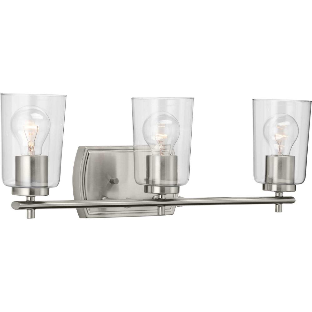 Adley Collection Three-Light Brushed Nickel Clear Glass New Traditional Bath Vanity Light