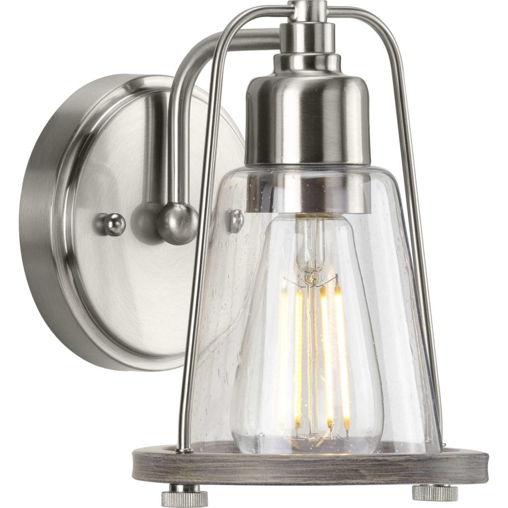 Conway Collection One-Light Brushed Nickel and Clear Seeded Farmhouse Style Bath Vanity Wall Light