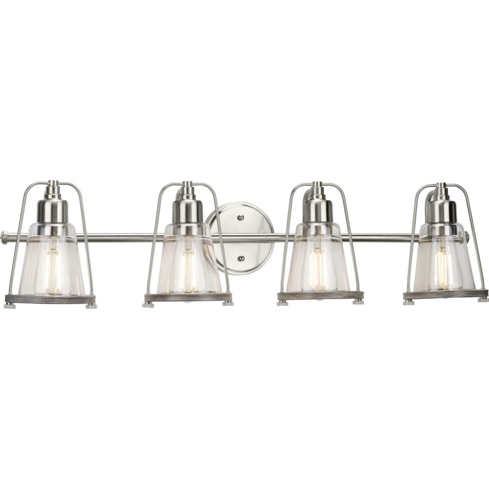 Conway Collection Four-Light Brushed Nickel and Clear Seeded Farmhouse Style Bath Vanity Wall Light