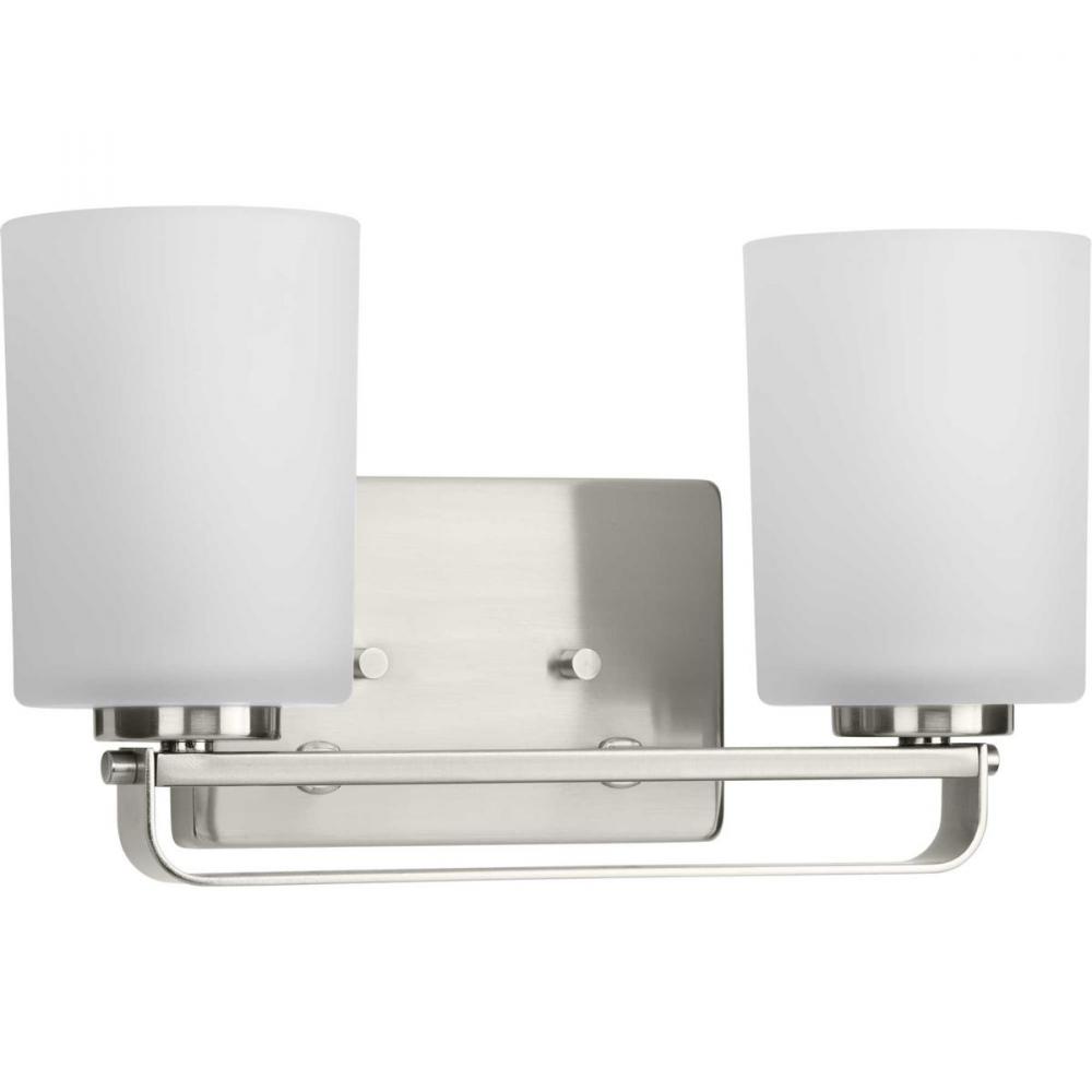 League Collection Two-Light Brushed Nickel and Etched Glass Modern Farmhouse Bath Vanity Light