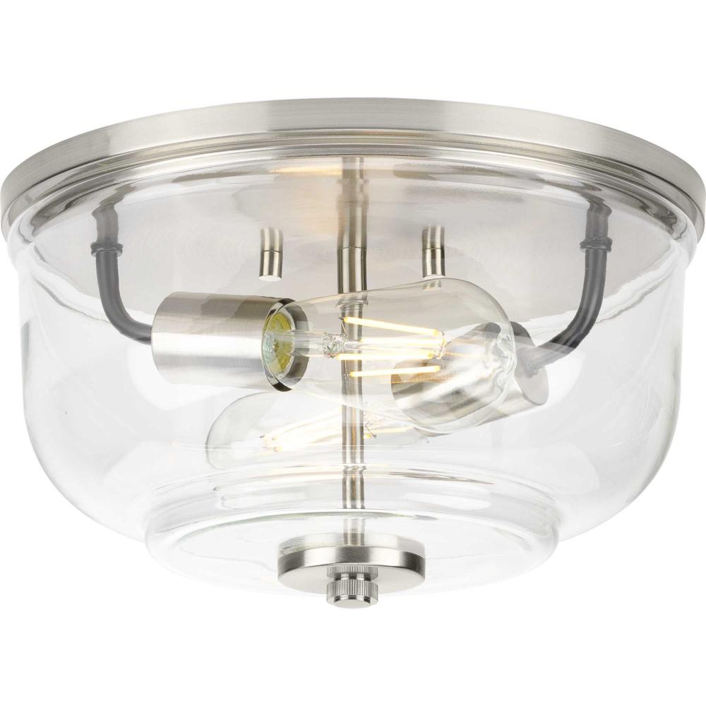 Rushton Collection Two-Light Brushed Nickel and Clear Glass Industrial Style Flush Mount Ceiling Lig