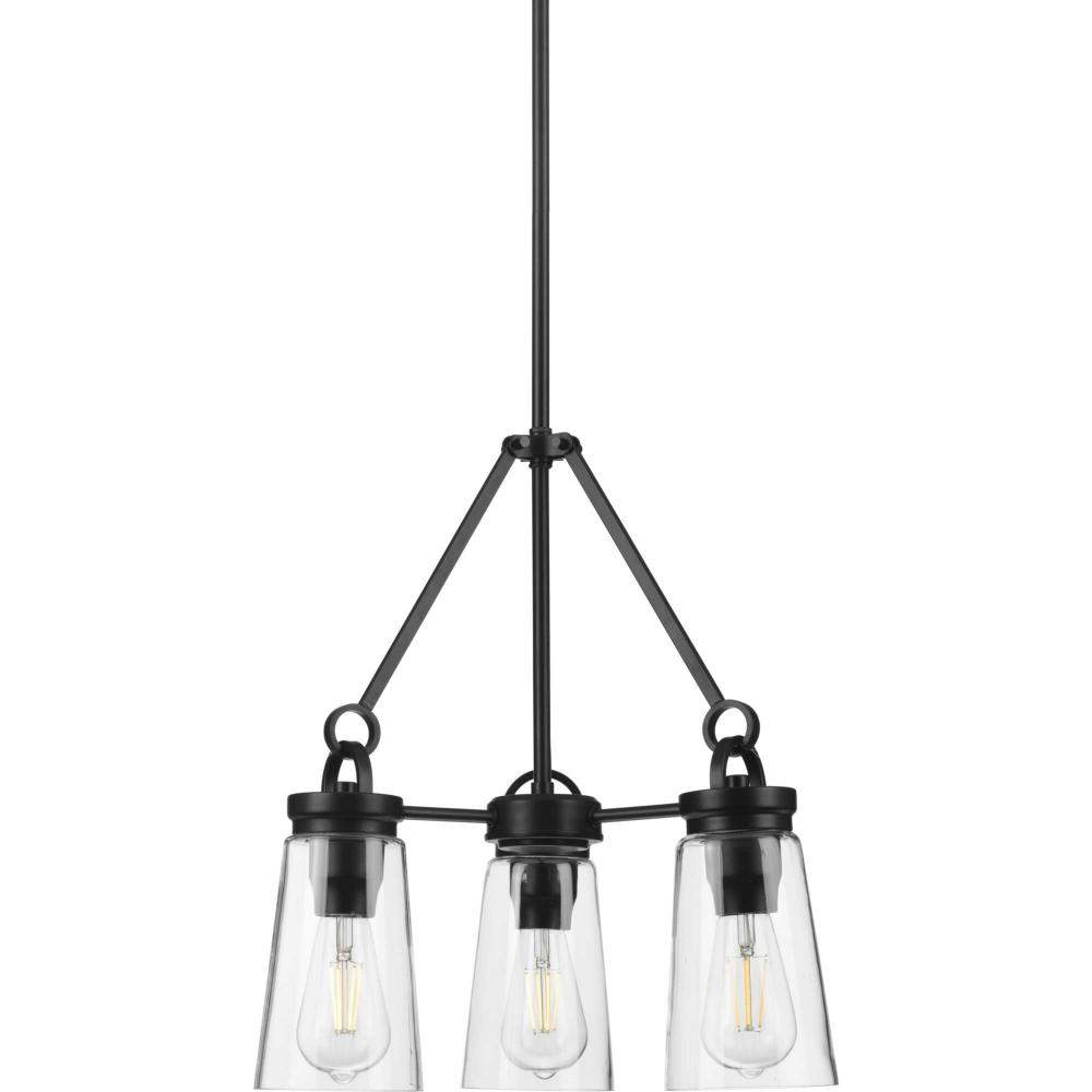 Stockbrace Collection Three-Light Matte Black and Clear Glass Farmhouse Style Chandelier Light