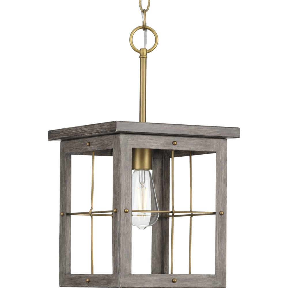 Hedgerow Collection One-Light Distressed Brass and Aged Oak Farmhouse Style Hanging Mini-Pendant Lig