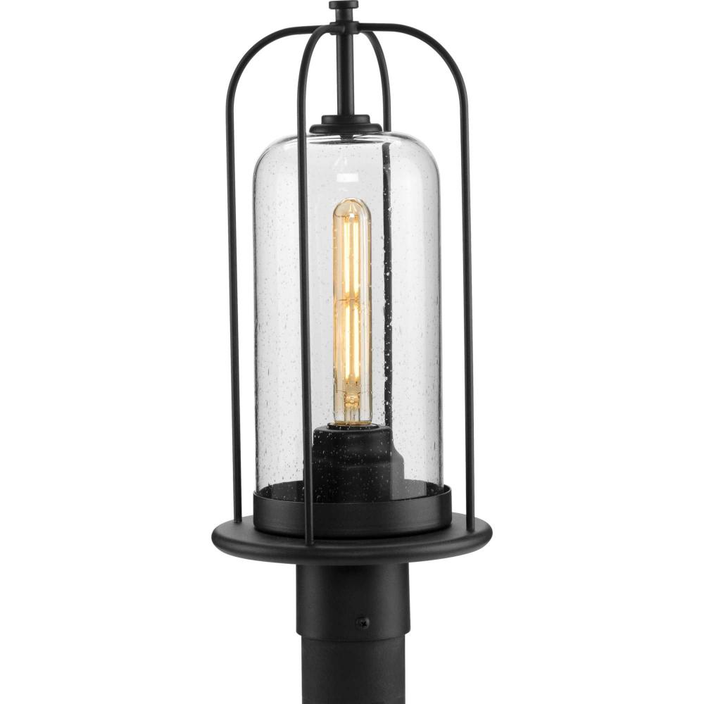 Watch Hill Collection One-Light Textured Black and Clear Seeded Glass Farmhouse Style Outdoor Post L