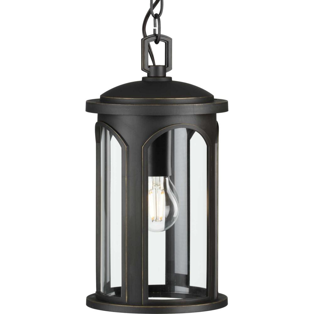 Gables Collection One-Light Antique Bronze and Clear Glass Transitional Style Outdoor Hanging Pendan