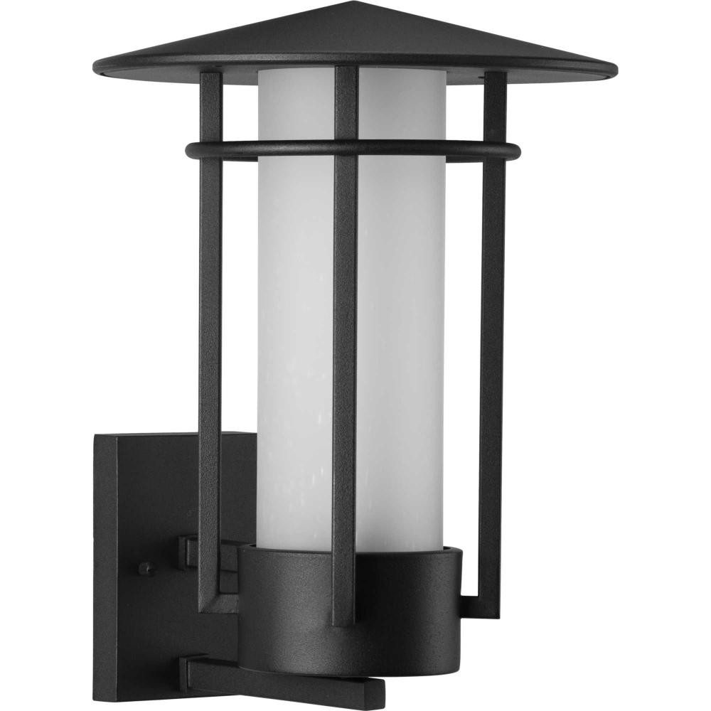 Exton Collection One-Light Textured Black and Etched Seeded Glass Modern Style Large Outdoor Wall La