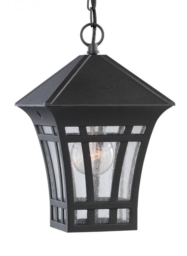 Herrington transitional 1-light outdoor exterior hanging ceiling pendant in black finish with clear
