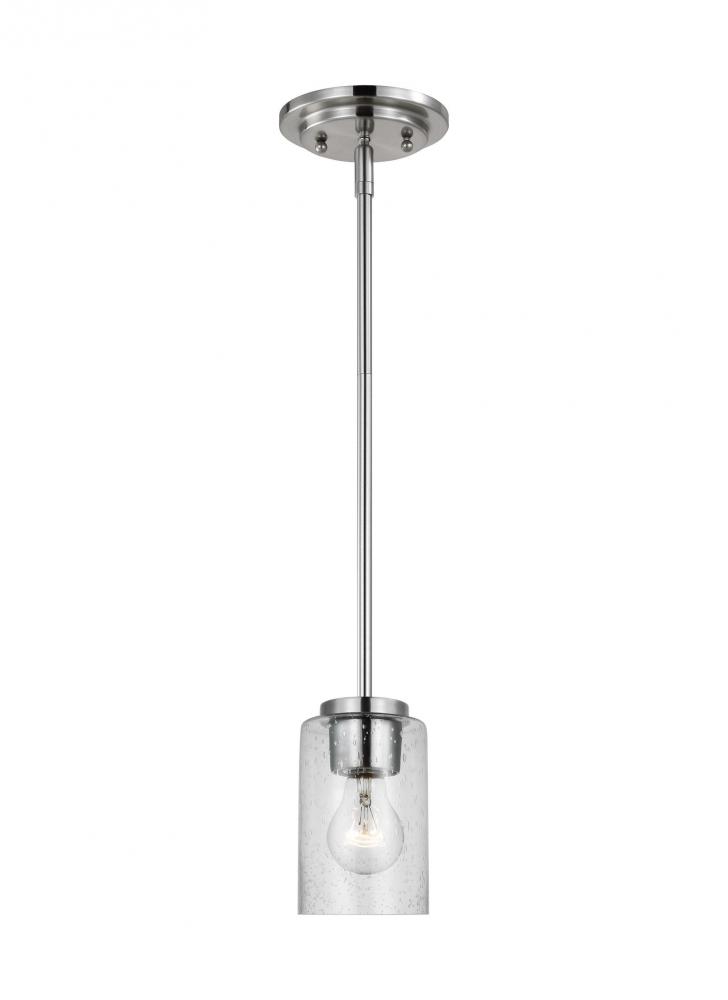 Oslo indoor dimmable 1-light mini pendant in a brushed nickel finish with a clear seeded glass shade