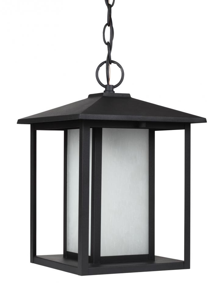 Hunnington contemporary 1-light outdoor exterior pendant in black finish with etched seeded glass pa