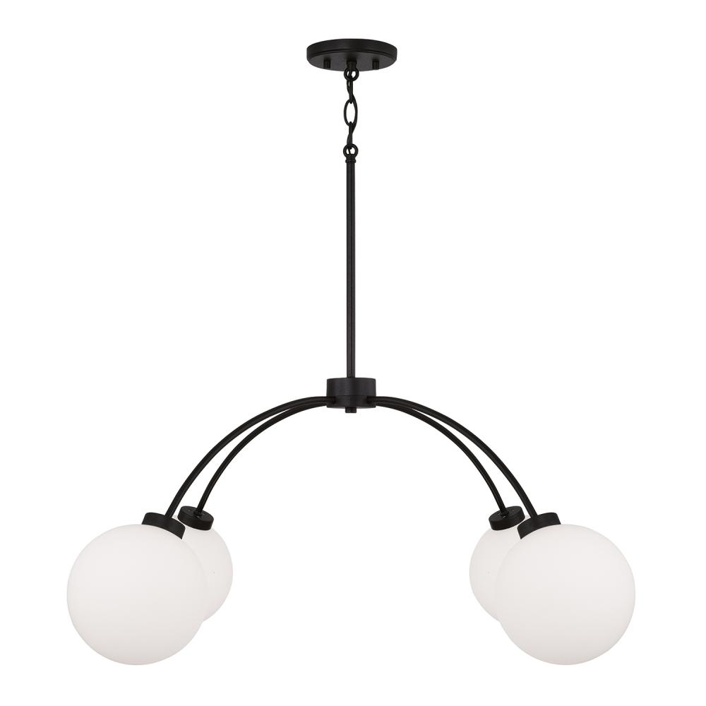 4-Light Chandelier in Matte Black with Soft White Glass Globes