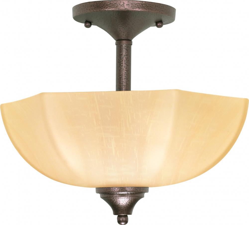 2-Light 13" Copper Bronze Semi Flush Ceiling Light Fixture with Champagne Washed Linen Glass