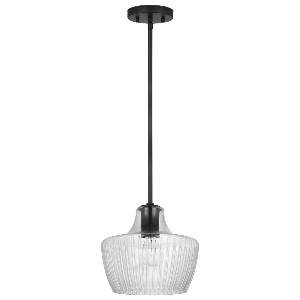 Destin; 1 Light Mini Pendant; Medium Base; 60 Watt; Black And Silver Accent Finish; Clear Ribbed