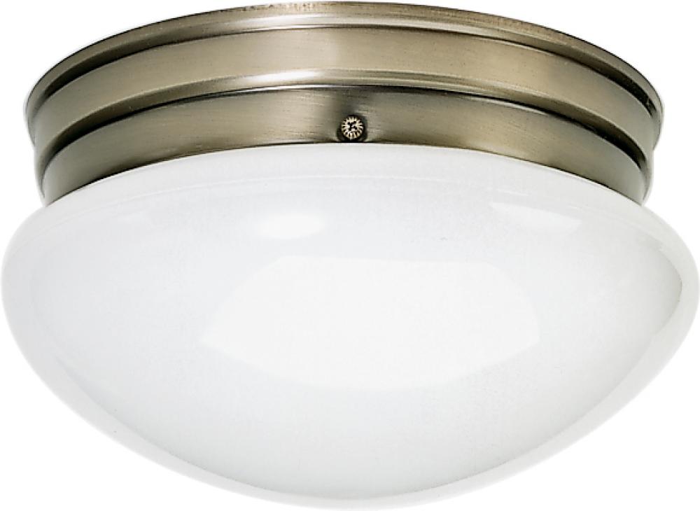 2 Light - 10" Flush with White Glass - Antique Brass Finish