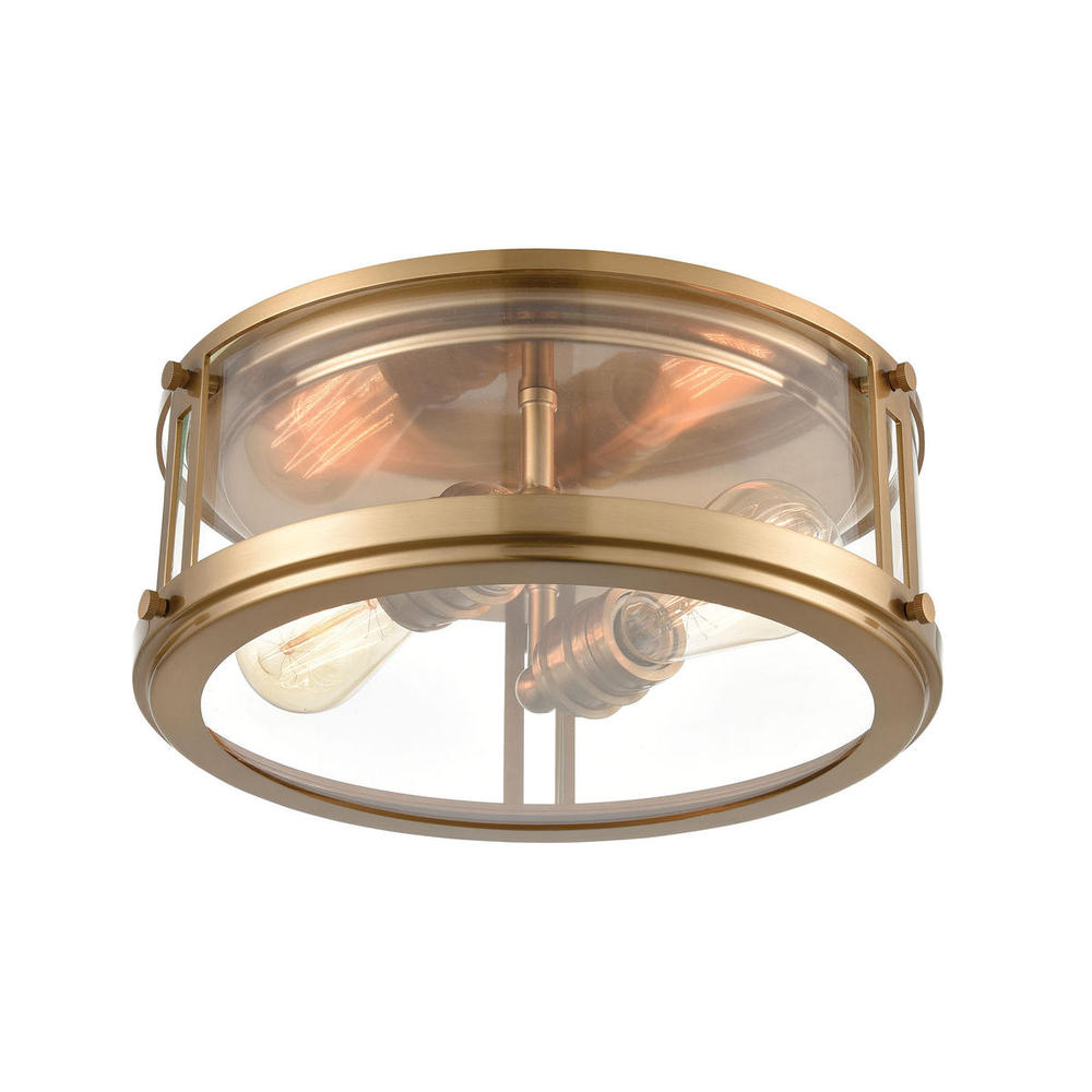 2-Light Flush Mount in Satin Brass with Clear Glass