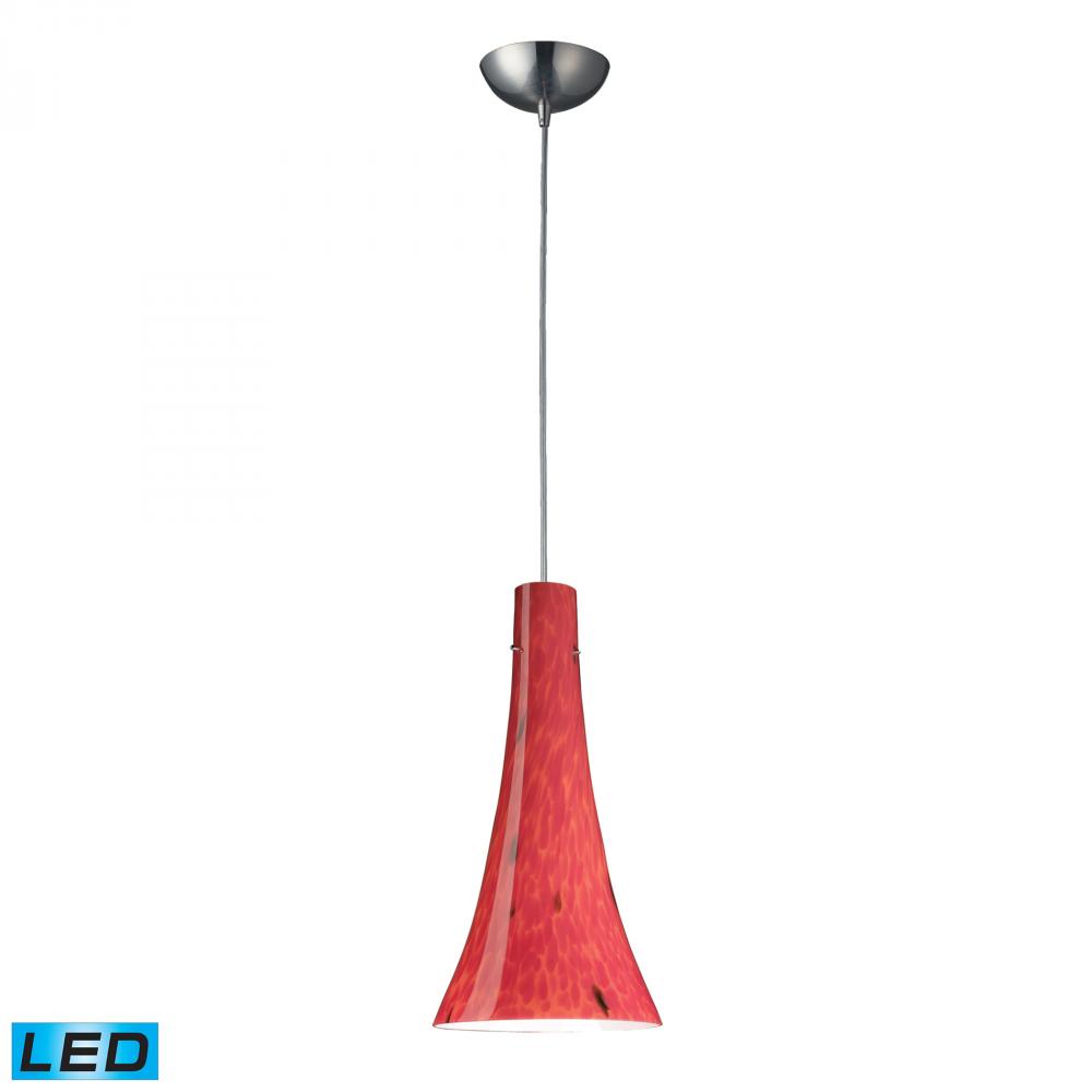 One Light Satin Nickel Fire Red Glass Down Pendant