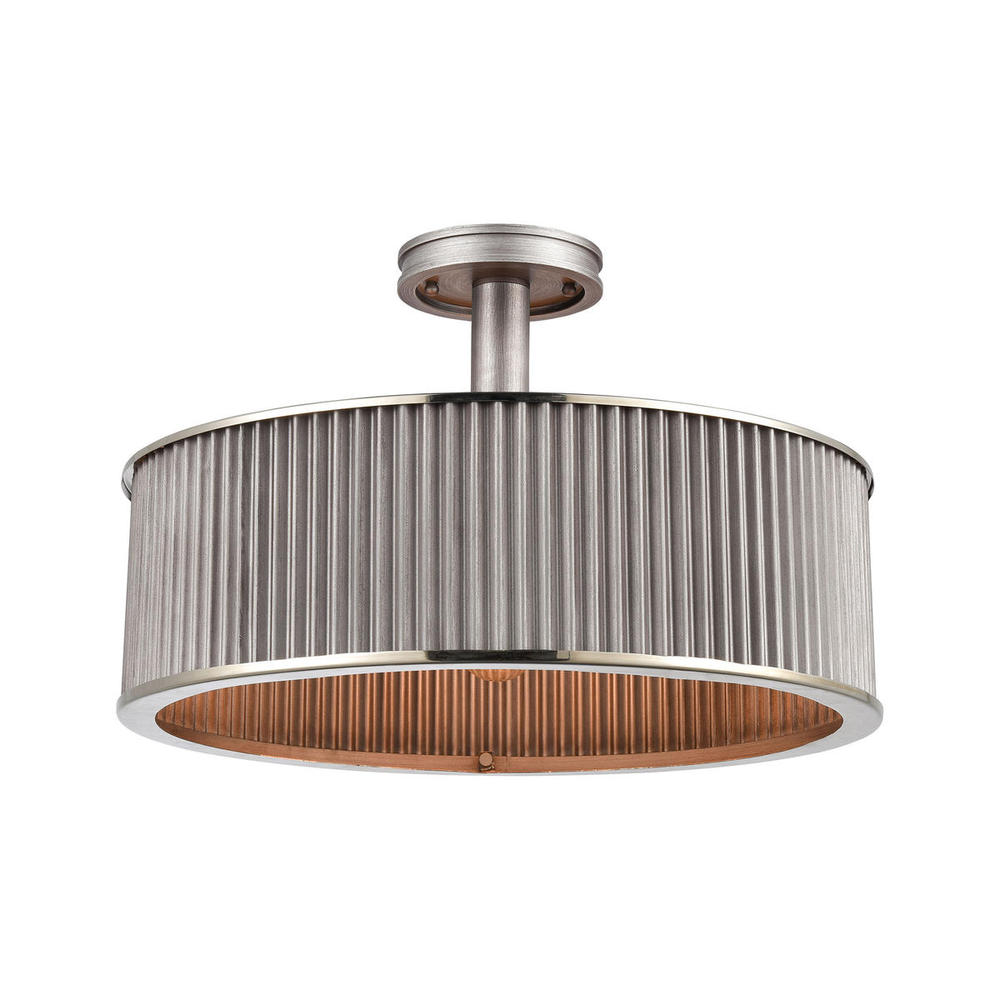 Corrugated Steel 3-Light Semi Flush Mount in Weathered Zinc with Corrugated Metal