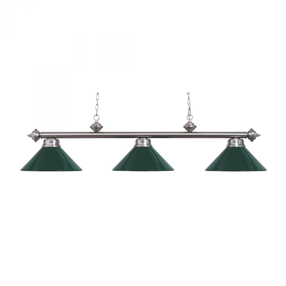 Three Light Satin Nickel Green Metal Shade Pool Table Light