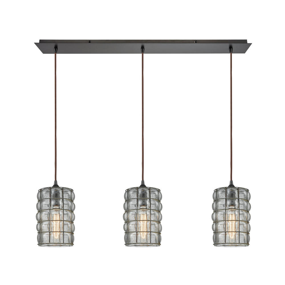 Murieta 3-Light Linear Mini Pendant Fixture in Oiled Bronze with Wire Cage and Speckled Seedy Glass