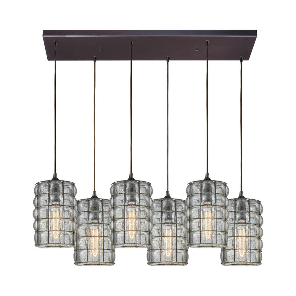 Murieta 6-Light Rectangular Pendant Fixture in Oiled Bronze with Wire Cage and Speckled Seedy Glass