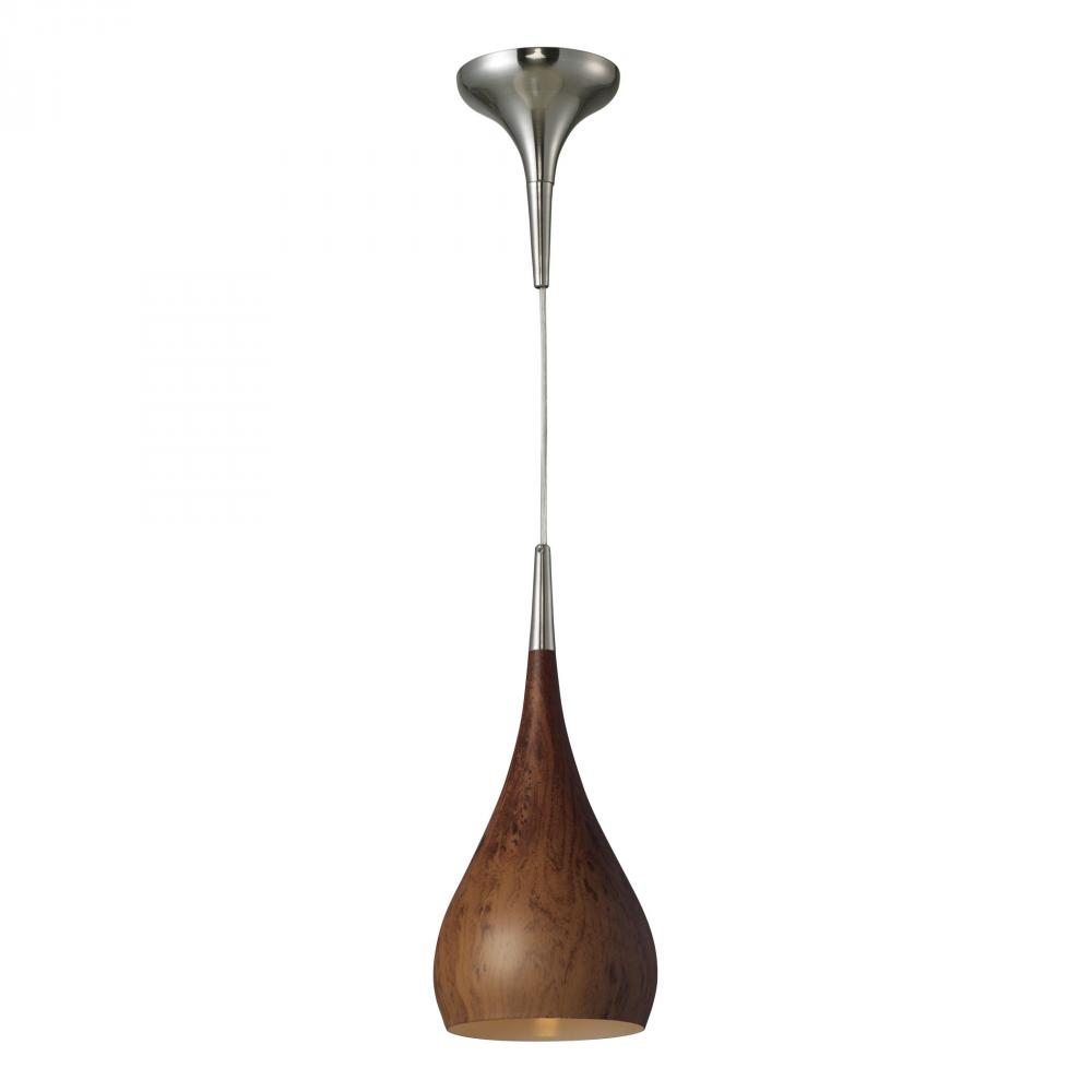 Lindsey 1-Light Mini Pendant in Satin Nickel with Burl Wood Shade