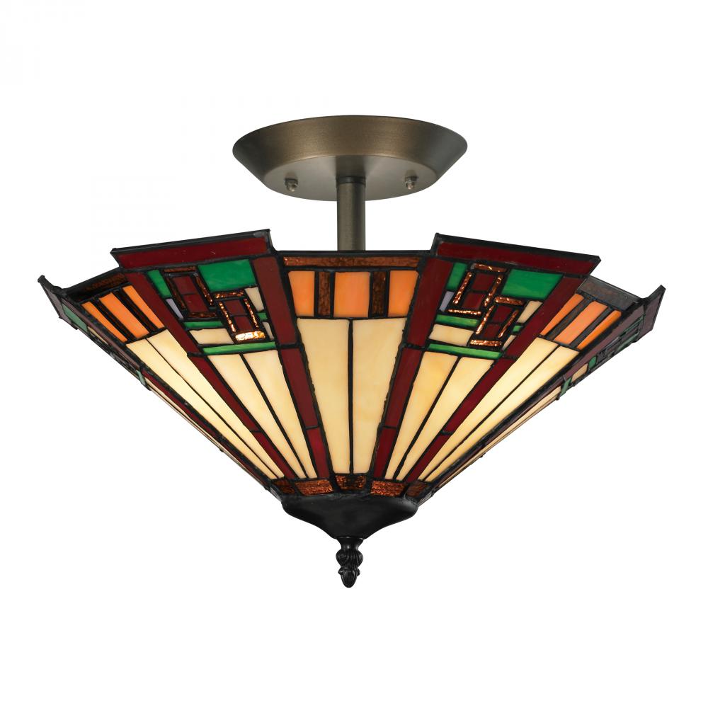 Three Light Tiffany Bronze Bowl Semi-Flush Mount