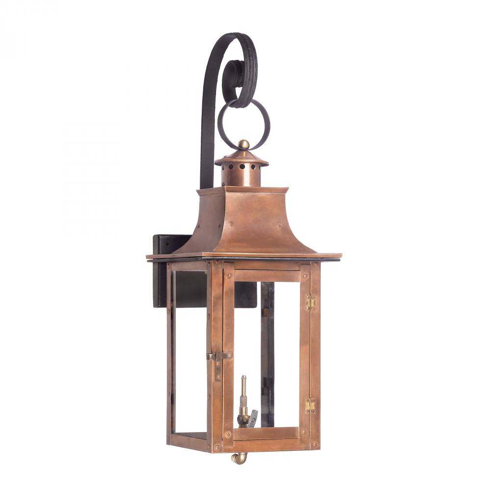 Gas Wall Lantern with Shepherds Scroll, Aged Copper