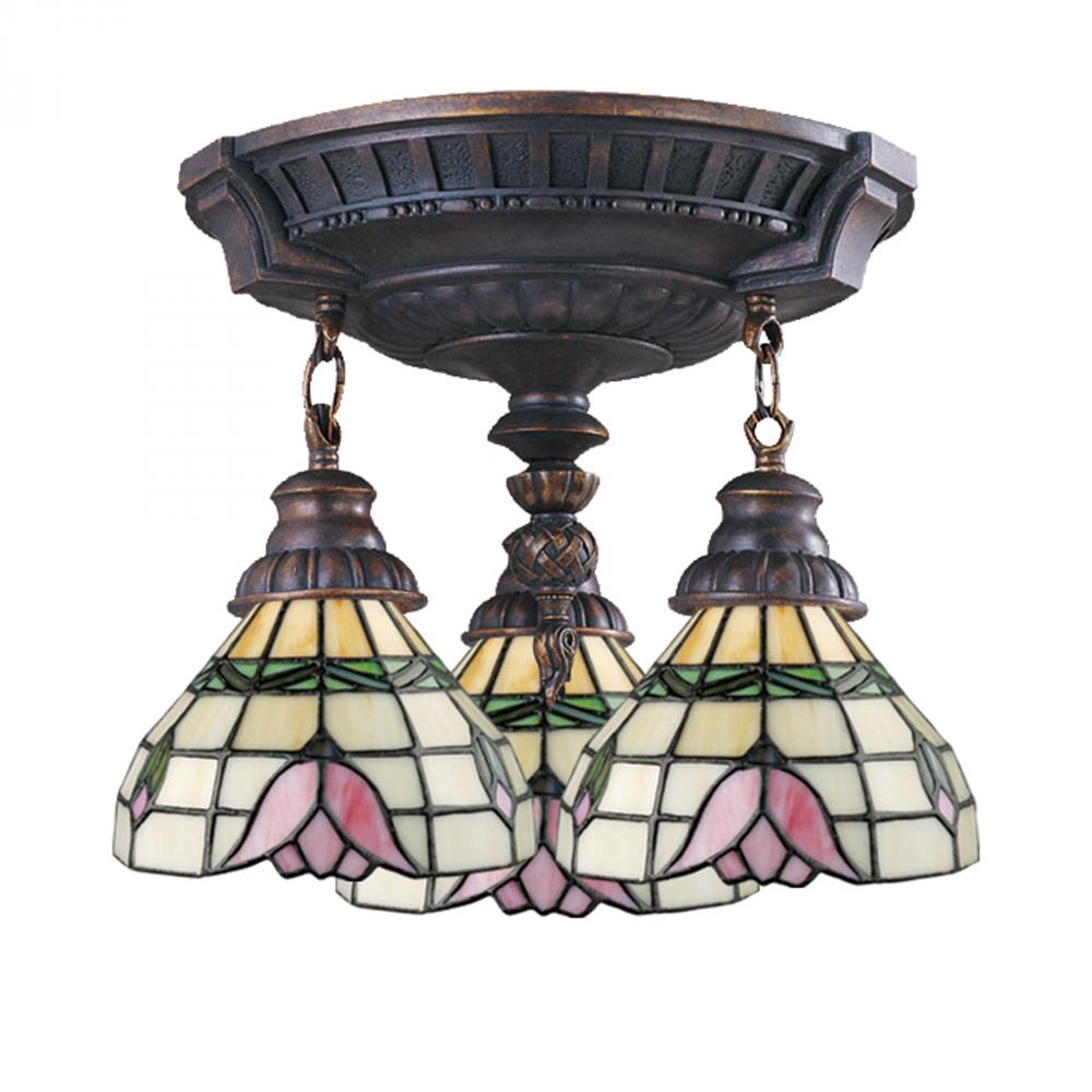 Mix-N-Match 3-Light Semi Flush in Aged Walnut with Tiffany Style Glass